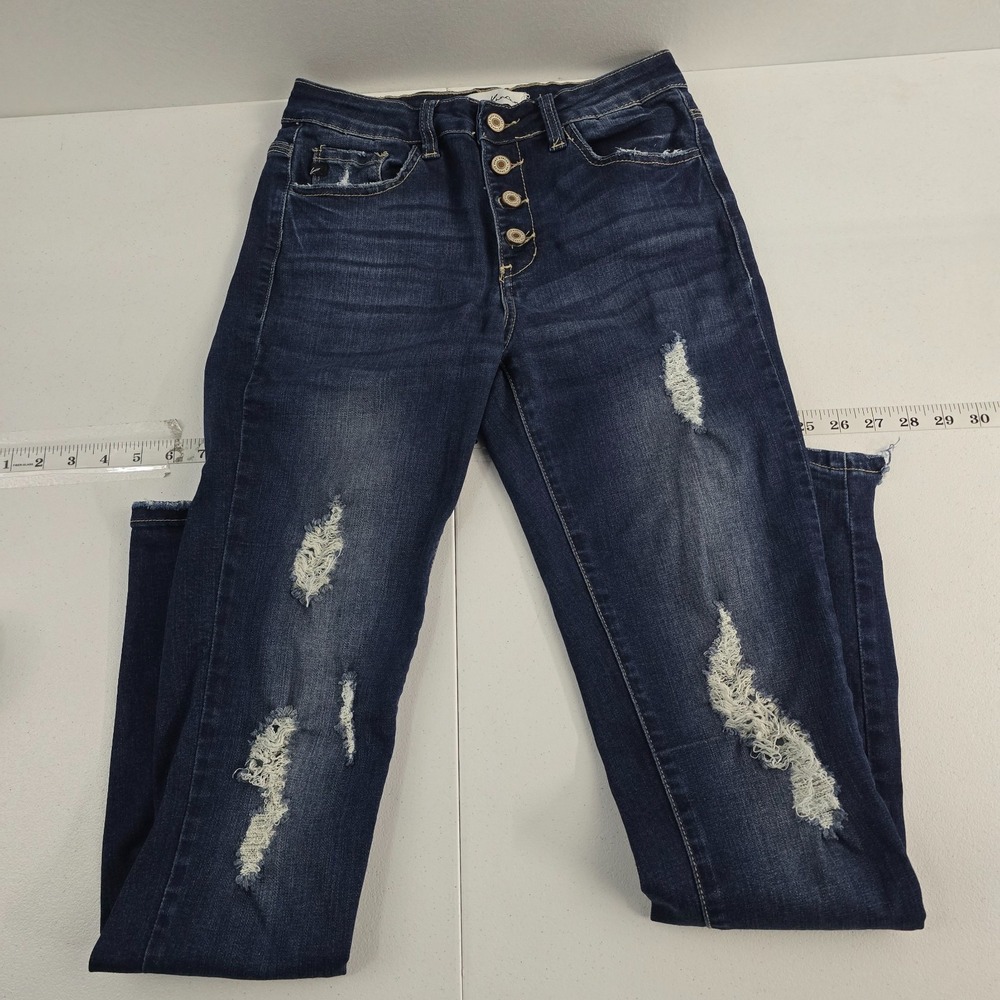 Kancan‎ button fly jeans blue denim womens distressed 7/27 slim skinny 7147